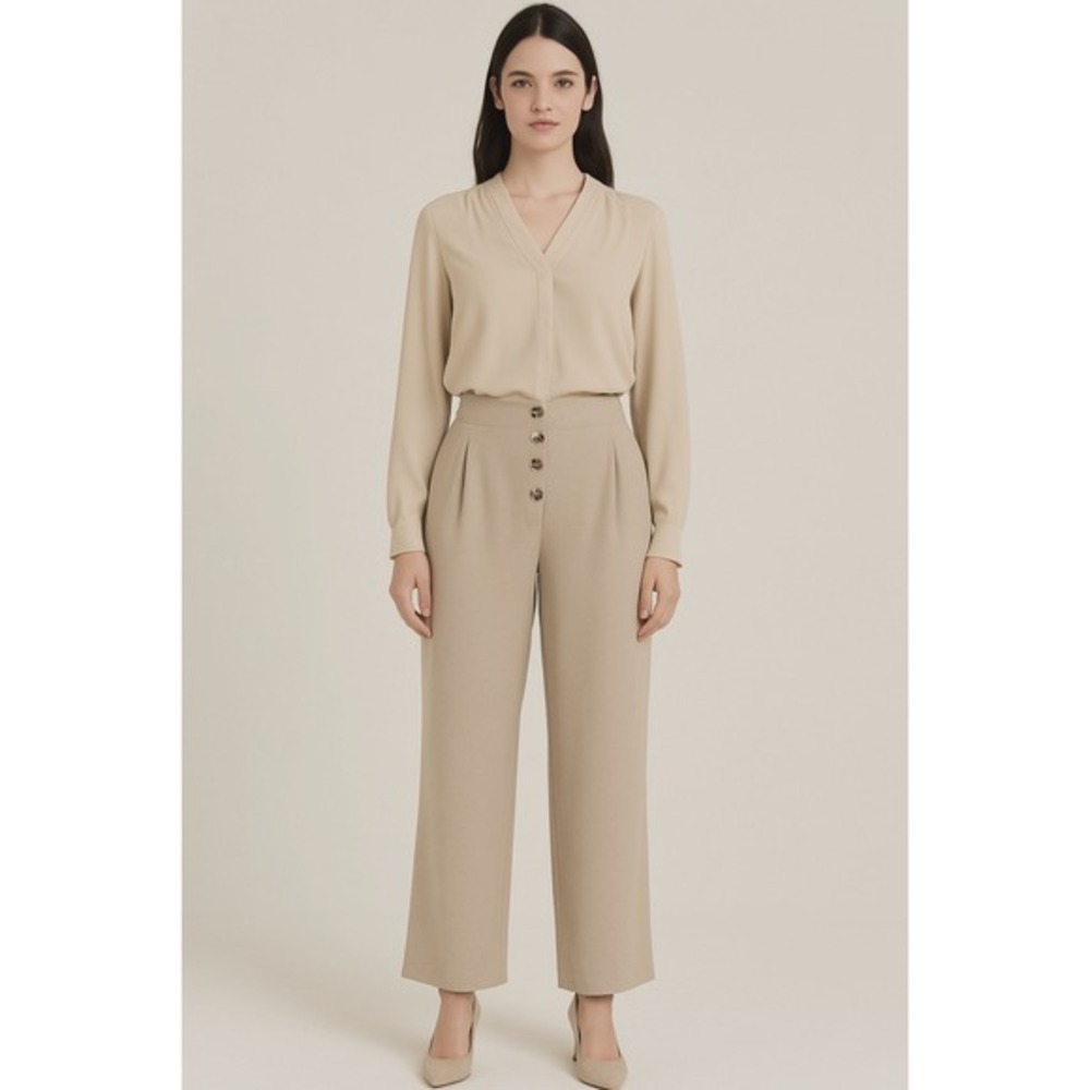 LOFT High Waist Wide Leg Cropped Pants Beige Button Fly 12 Light Academia 86-33